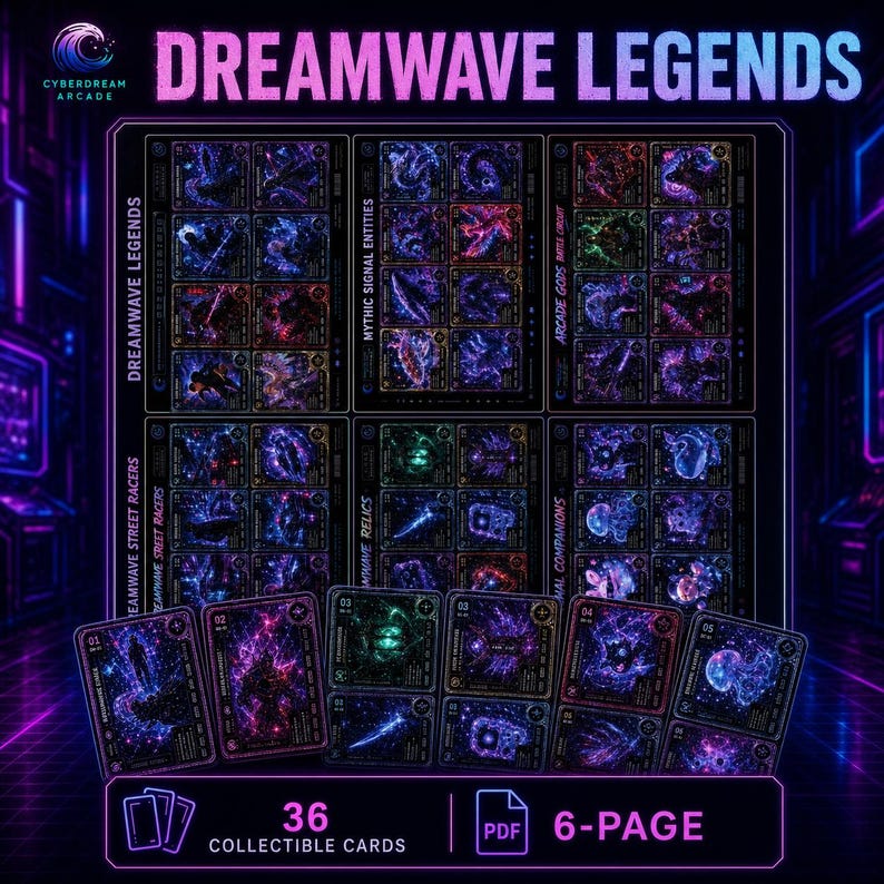 May include: A collection of 36 collectible cards titled Dreamwave Legends, featuring vibrant neon purple, blue, and pink cosmic illustrations on a black background. The set includes six pages of cards with categories like Mythic Signal Entities.