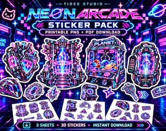 Neon Arcade Sticker Pack | 30 Cyber Gaming Artefacts (PDF + PNG Download)