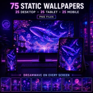 May include: A digital collection of 75 static wallpapers in PNG format, including 25 desktop, 25 tablet, and 25 mobile files. The imagery features a glowing purple and blue whale swimming through a starry night sky above a Japanese-style landscape.