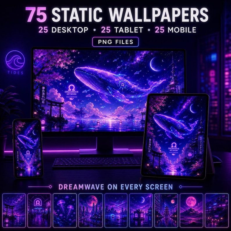 May include: A digital collection of 75 static wallpapers in PNG format, including 25 desktop, 25 tablet, and 25 mobile files. The imagery features a glowing purple and blue whale swimming through a starry night sky above a Japanese-style landscape.