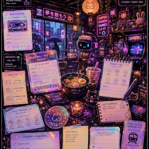 May include: A digital illustration of a neon-lit Dreamwave Cafe interior featuring a robot barista, a bowl of ramen, and various interactive menu cards, order forms, and loyalty stamps in shades of purple, pink, and dark blue with Japanese text.