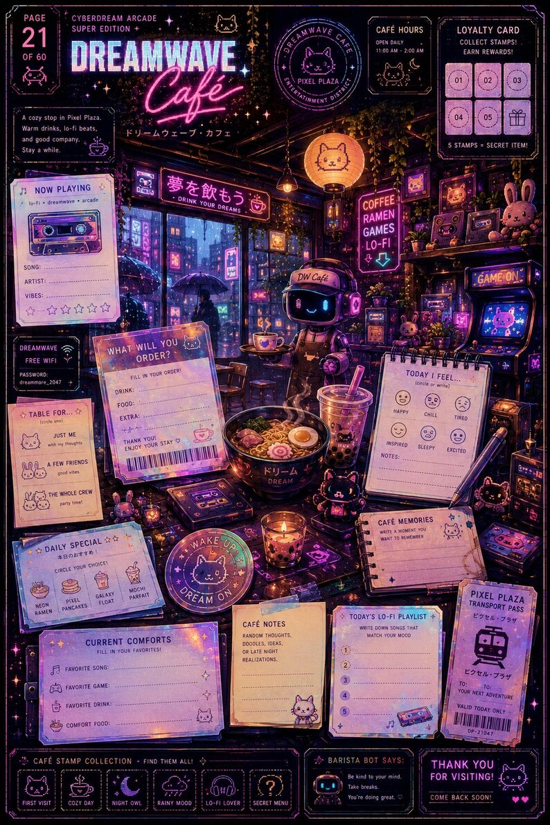 May include: A digital illustration of a neon-lit Dreamwave Cafe interior featuring a robot barista, a bowl of ramen, and various interactive menu cards, order forms, and loyalty stamps in shades of purple, pink, and dark blue with Japanese text.