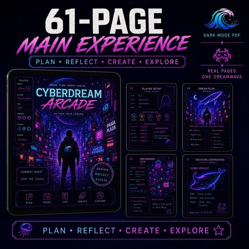 Tablet and page previews from the 61-page Cyberdream Arcade main PDF, including player setup, planning, district, and companion pages.