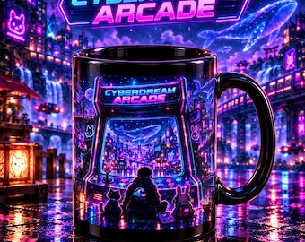 Cyberdream Arcade Black Mug | Neon Retro Gaming Coffee Cup (11 oz Ceramic)