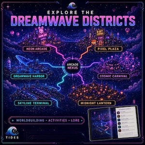 May include: A digital map titled Explore the Dreamwave Districts featuring a central Arcade Nexus connected to five locations: Neon Arcade, Pixel Plaza, Cosmic Carnival, Skyline Terminal, and Midnight Lantern, with an open book showing the same map.