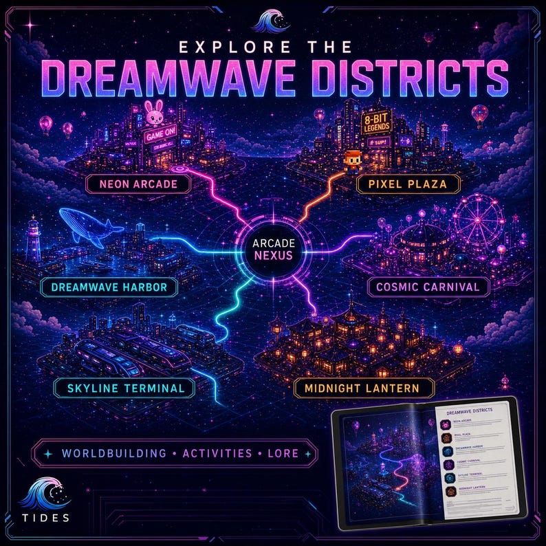 May include: A digital map titled Explore the Dreamwave Districts featuring a central Arcade Nexus connected to five locations: Neon Arcade, Pixel Plaza, Cosmic Carnival, Skyline Terminal, and Midnight Lantern, with an open book showing the same map.