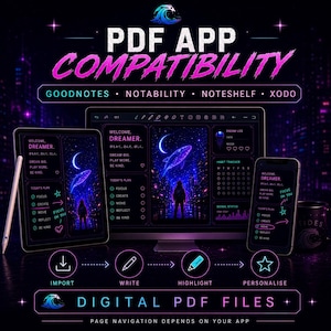 May include: A digital planner interface displayed on a tablet, computer monitor, and smartphone, featuring a dark theme with neon purple accents, a whale illustration, and text including Welcome Dreamer, Today's Plan, and Habit Tracker.