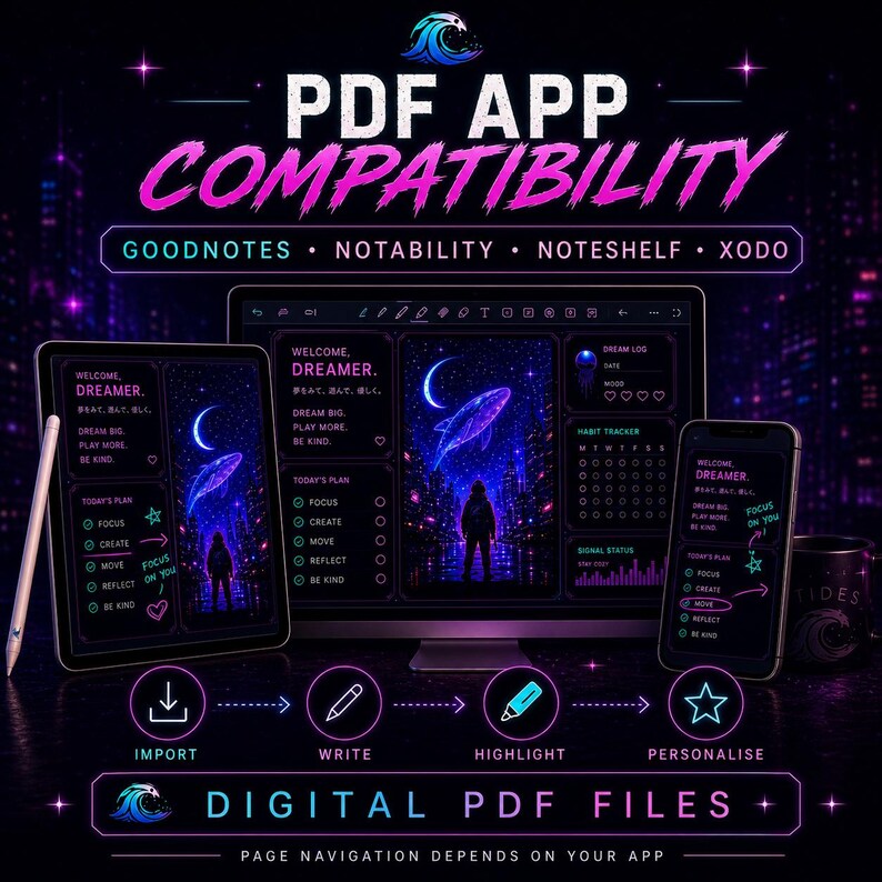 May include: A digital planner interface displayed on a tablet, computer monitor, and smartphone, featuring a dark theme with neon purple accents, a whale illustration, and text including Welcome Dreamer, Today's Plan, and Habit Tracker.