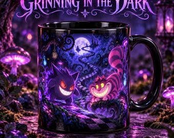 Grinning in the Dark Mug | Purple Ghost, Striped Cat Fantasy Art (11 oz Ceramic)