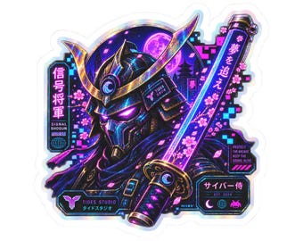 Cyberpunk Samurai Sticker | Neon Holographic Gamer Decal (3x3 inch)