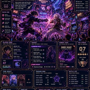 May include: A digital poster titled The Dream Battle Circuit featuring a neon-lit arcade fighting game interface. The design includes character stats, a tournament calendar, move sets, and a central illustration of two fighters clashing in a dark arena.