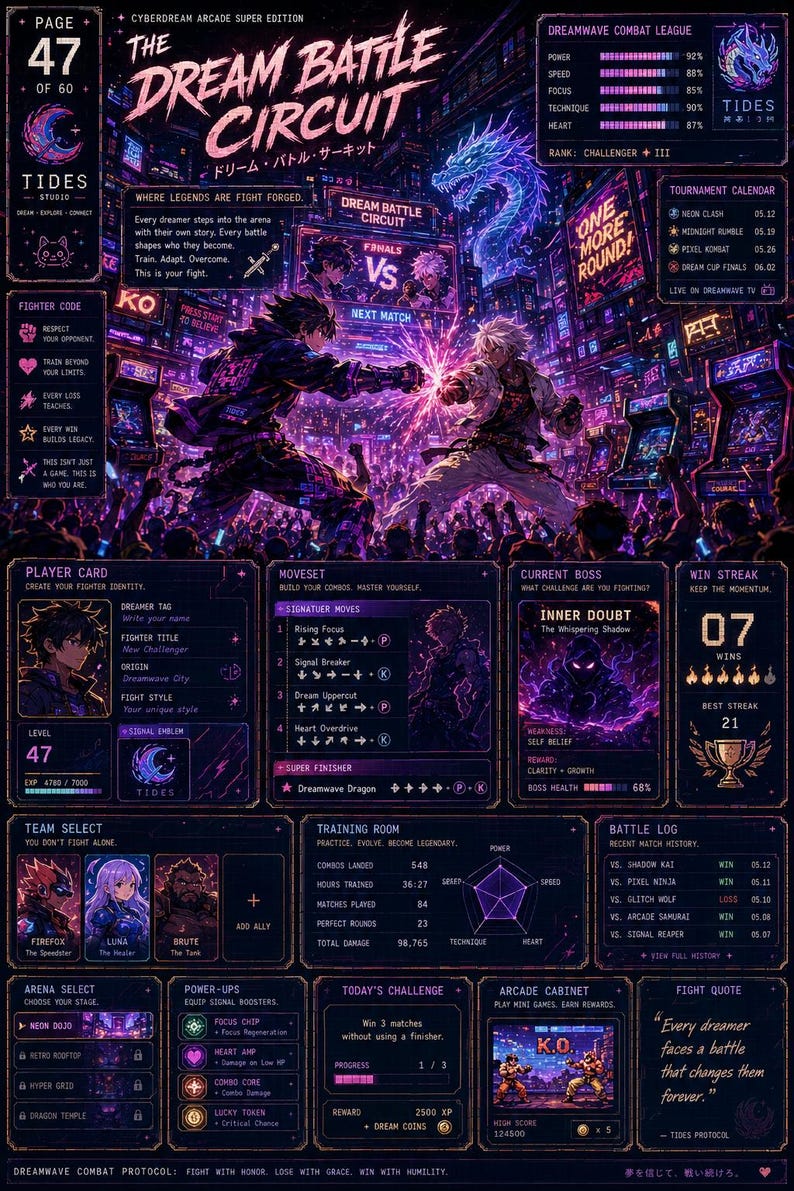 May include: A digital poster titled The Dream Battle Circuit featuring a neon-lit arcade fighting game interface. The design includes character stats, a tournament calendar, move sets, and a central illustration of two fighters clashing in a dark arena.