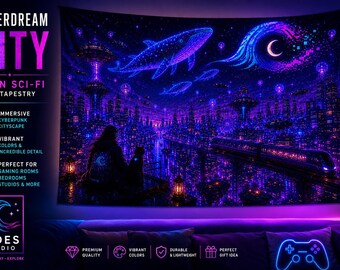 Cyberdream City Neon Sci-Fi Tapestry | Cyberpunk Whales, Moon, Train Wall Art