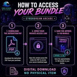 May include: A digital instruction graphic titled HOW TO ACCESS YOUR BUNDLE CYBERDREAM ARCADE. It outlines three steps: 1. Download the instruction PDF, 2. Open your private access link, and 3. Save the approx. 1.4 GB bundle. Includes a digital download notice.