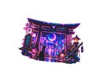 Cyberpunk Neon Gateway Sticker | Japanese Torii, Arcade City (3x3 Inch)