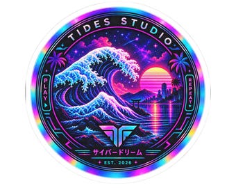Tides Studio Neon Wave Emblem Sticker | Holographic Vaporwave Decal (3x3 Round)