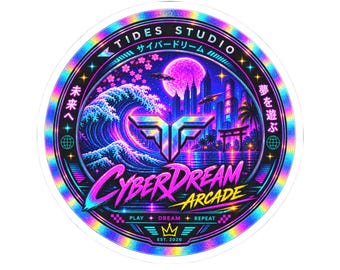 Cyberdream Arcade Emblem Sticker | Holographic Neon Gaming Logo (3x3 Round)