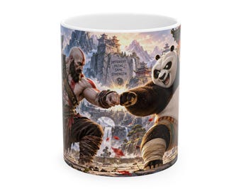 Warrior Panda Fist Bump Mug | Fantasy Gaming Coffee Cup (11 oz Ceramic)