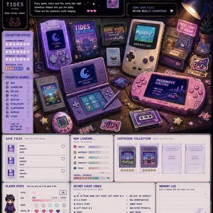 May include: A digital art print titled Handheld Memories featuring a collection of retro gaming consoles, including a purple handheld, a Game Boy Color, and a pink portable gaming device, surrounded by game cartridges, stickers, and UI elements.