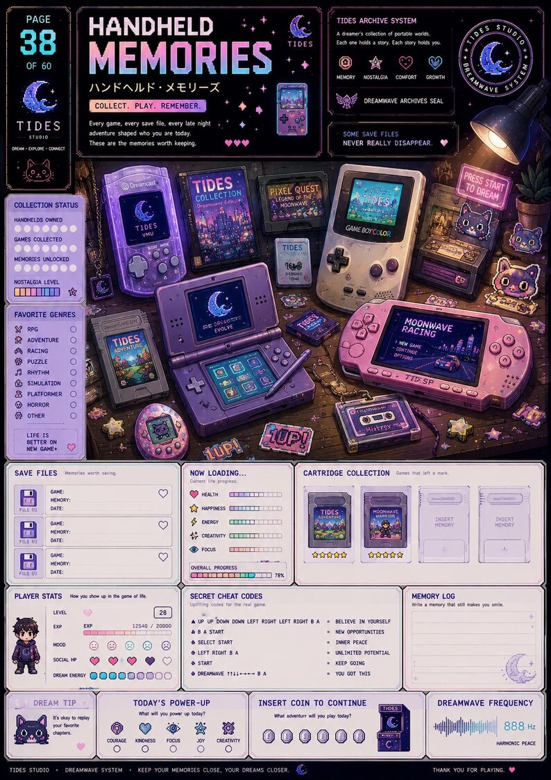 May include: A digital art print titled Handheld Memories featuring a collection of retro gaming consoles, including a purple handheld, a Game Boy Color, and a pink portable gaming device, surrounded by game cartridges, stickers, and UI elements.