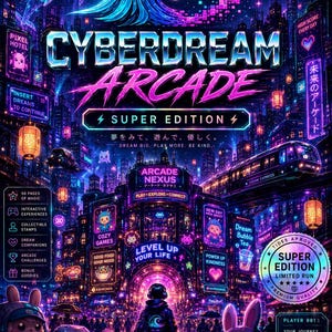 Könnte beinhalten: Ein Poster mit dem Titel Cyberdream Arcade Super Edition, das eine neonbeleuchtete Stadtlandschaft mit einer zentralen Figur, einem Wal und verschiedenen spielbezogenen Symbolen zeigt. Das Design enthält Texte wie Tides Cozy Worlds, Arcade Nexus und Level Up Your Life in leuchtenden Violett-, Blau- und Rosatönen vor einem dunklen Hintergrund.