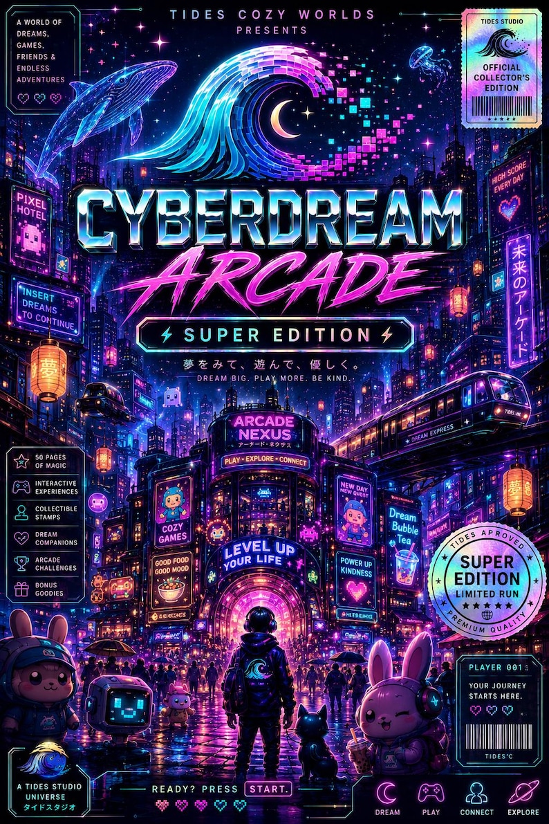 May include: A poster titled Cyberdream Arcade Super Edition featuring a neon-lit cityscape with a central figure, a whale, and various game-themed icons. The design includes text such as Tides Cozy Worlds, Arcade Nexus, and Level Up Your Life in vibrant purple, blue, and pink hues against a dark background.