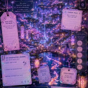 May include: A purple-toned digital art print titled Lucid Gardens, featuring a moonlit landscape with floating structures, cherry blossoms, and koi fish. The composition includes various interactive journal-style sections, text boxes, and decorative stamps with English and Japanese text elements.