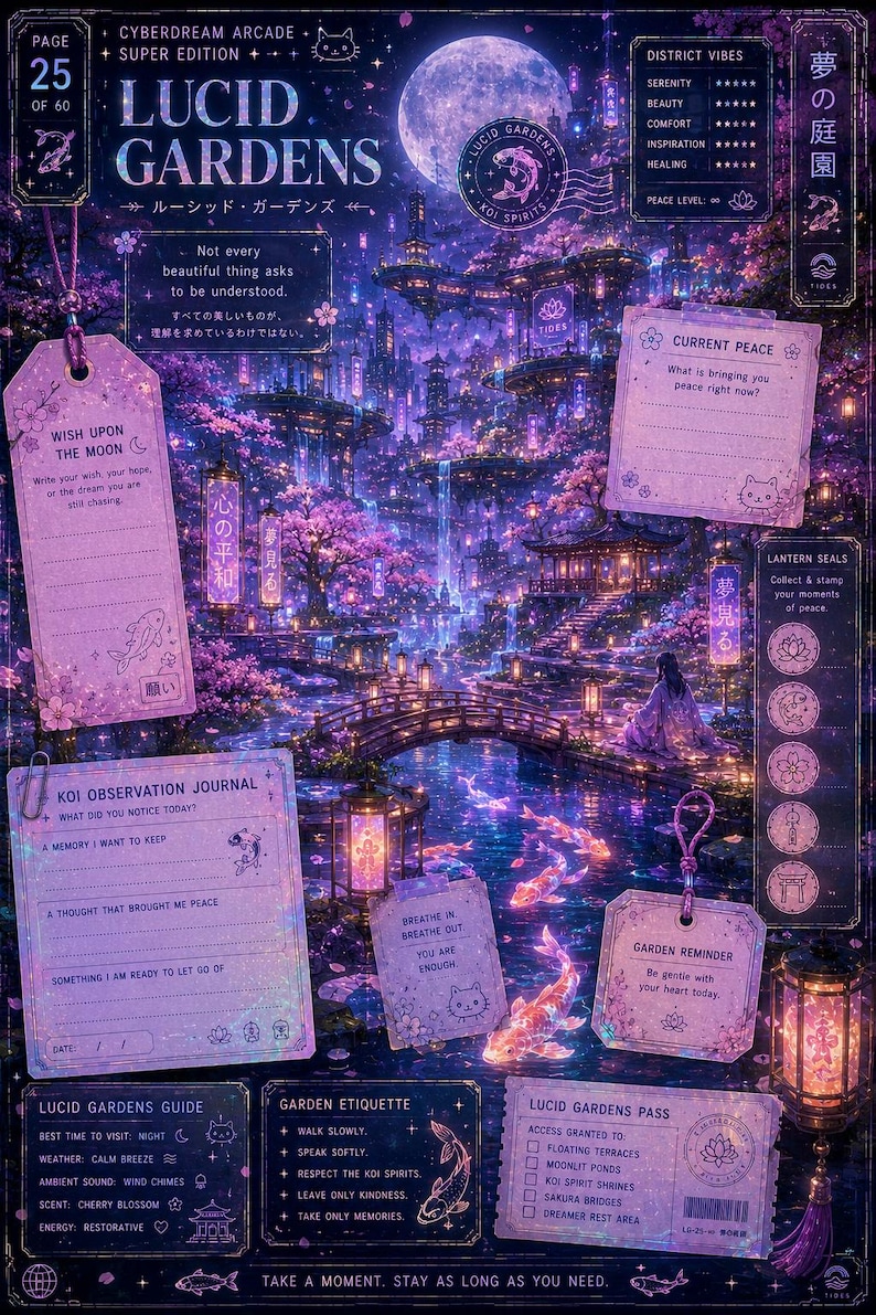 May include: A purple-toned digital art print titled Lucid Gardens, featuring a moonlit landscape with floating structures, cherry blossoms, and koi fish. The composition includes various interactive journal-style sections, text boxes, and decorative stamps with English and Japanese text elements.