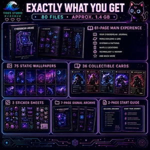 May include: A digital product bundle titled Cyberdream Arcade featuring 80 files totaling 1.4 GB. Includes a 61-page journal, 75 static wallpapers, 36 collectible cards, 3 sticker sheets, a 7-page signal archive, and a 2-page start guide in neon purple.