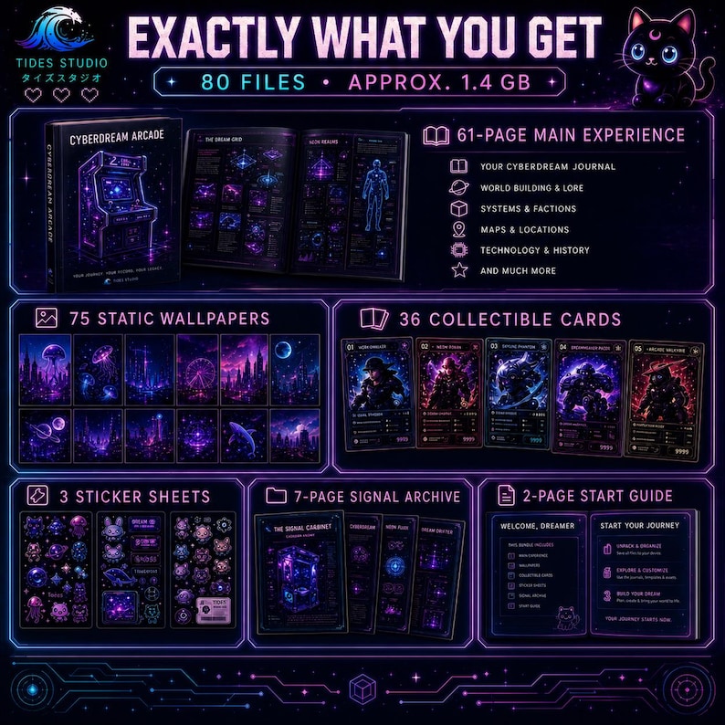 May include: A digital product bundle titled Cyberdream Arcade featuring 80 files totaling 1.4 GB. Includes a 61-page journal, 75 static wallpapers, 36 collectible cards, 3 sticker sheets, a 7-page signal archive, and a 2-page start guide in neon purple.