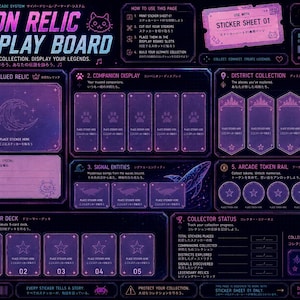 May include: A dark purple Neon Relic Display Board with neon pink and blue accents. The page features sections for a Most Valued Relic, Companion Display, District Collection, Signal Entities, Arcade Token Rail, Dreamer Deck, and Collector Status.