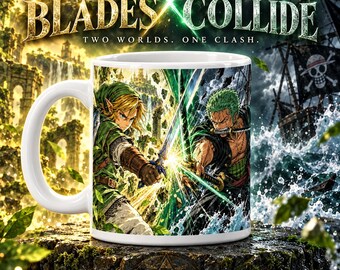 Blades Collide Mug: Fantasy Swordsmen Duel, 11 oz Ceramic Cup