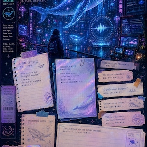 May include: A digital art print titled Signal Archive featuring a glowing blue whale in a futuristic cityscape. The composition includes various paper scraps, notes, and text fragments like Frequency Notes and Transmission Fragments in a dark, ethereal aesthetic.