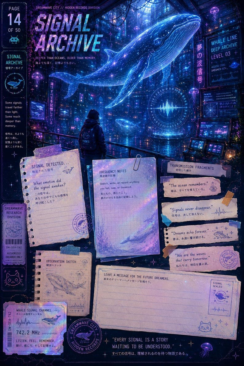 May include: A digital art print titled Signal Archive featuring a glowing blue whale in a futuristic cityscape. The composition includes various paper scraps, notes, and text fragments like Frequency Notes and Transmission Fragments in a dark, ethereal aesthetic.