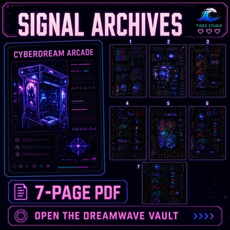 May include: A digital 7-page PDF titled Signal Archives featuring Cyberdream Arcade. The layout displays a neon purple and blue interface with seven numbered sections containing detailed graphic illustrations, technical data, and icons.