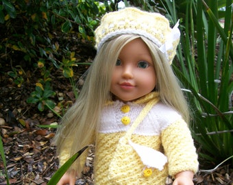 Hand knitted woollen Doll's top to fit 18" American/Australian Doll with matching bag and hat.  Yellow Daisy Chains