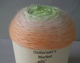 May include: A skein of yarn in a gradient of green, white, and orange. The yarn is labelled "Ozifarmer's Market Rapture".