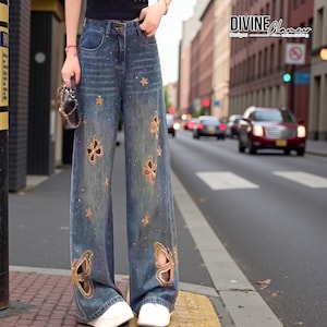 Cutout Embroidered Jeans | Wide Leg Denim Pants | Daily Wear | Y2K Streetwear Style

Wide leg denim jeans with butterfly embroidery and relaxed Y2K streetwear design