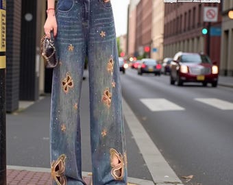 Cutout Embroidered Jeans | Wide Leg Denim Pants | Daily Wear | Y2K Streetwear Style