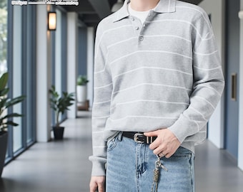 Striped Polo Sweater | Long Sleeve Casual Top | Daily Wear | Minimal Streetwear Style