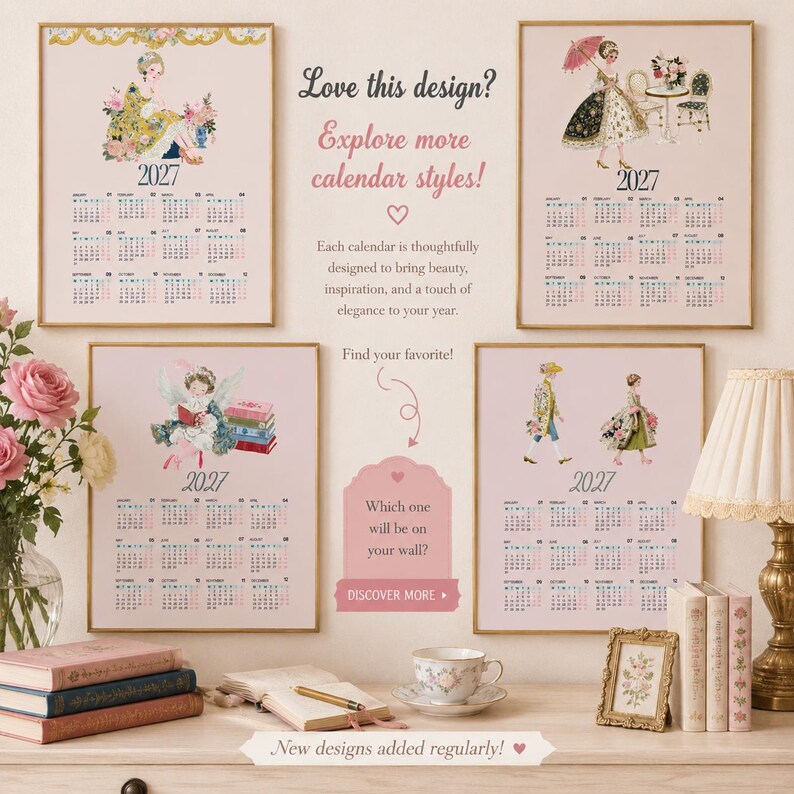 Printable Wimsical Rococo Couple Wall Calendar 2026, Vintage Floral ...