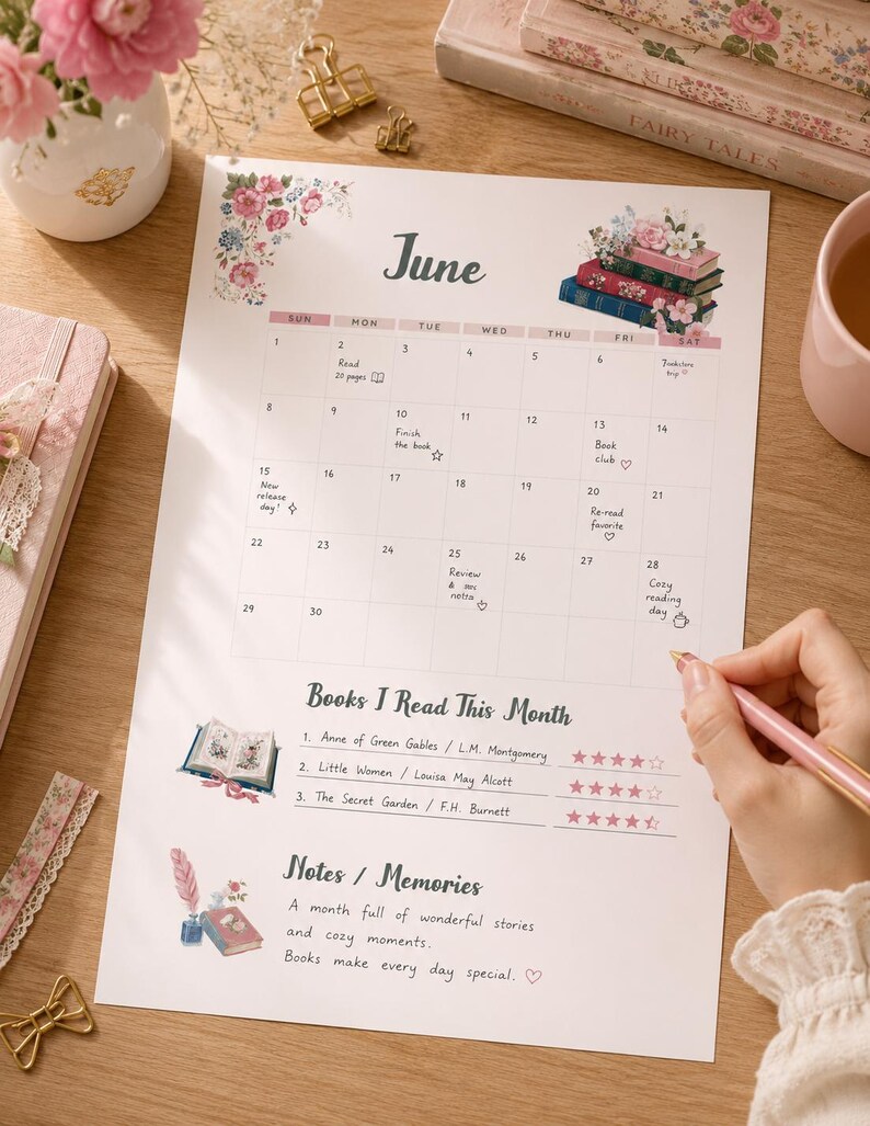 Printable June Reading Calendar, Vintage Bookish Wall Art for Girls ...