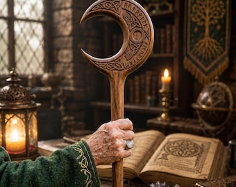 Crescent Moon Walking Cane, Hand Carved Celtic Wooden Walking Stick