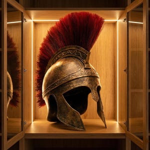 Odysseus Greek warrior helmet mounted gracefully on a wooden display stand on a bookshelf.