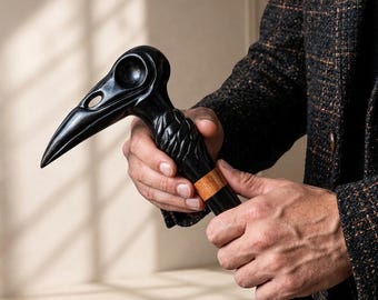 Black Raven Bird Head Walking Cane, Hand Carved Wooden Walking Stick
