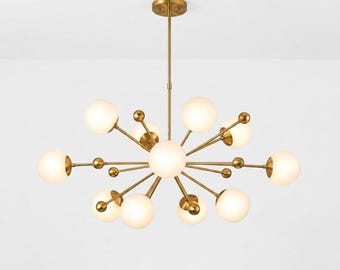Sputnik Chandelier, Brass Globe Pendant Light, Mid Century Modern Frosted Glass Ceiling Fixture