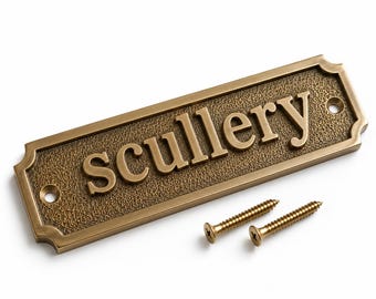 Personalized Brass Scullery Sign, Custom Engraved Metal Name Plate, Vintage Plaque