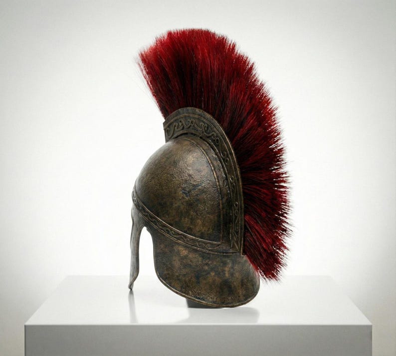 Side view of wearable ancient Greek Corinthian helmet forged in steel with red horsehair crest.