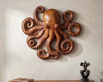Hand Carved Wooden Octopus Wall Art, Nautical Ocean Wall Sculpture, 20x20 Inch, Custom Size