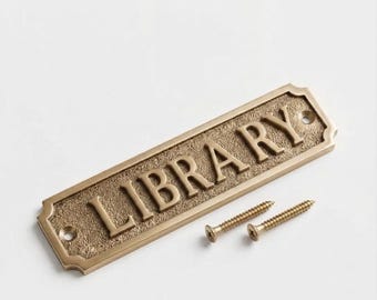 Personalized Solid Brass Library Sign, Custom Engraved Metal Door Plaque, Vintage Style Home Decor